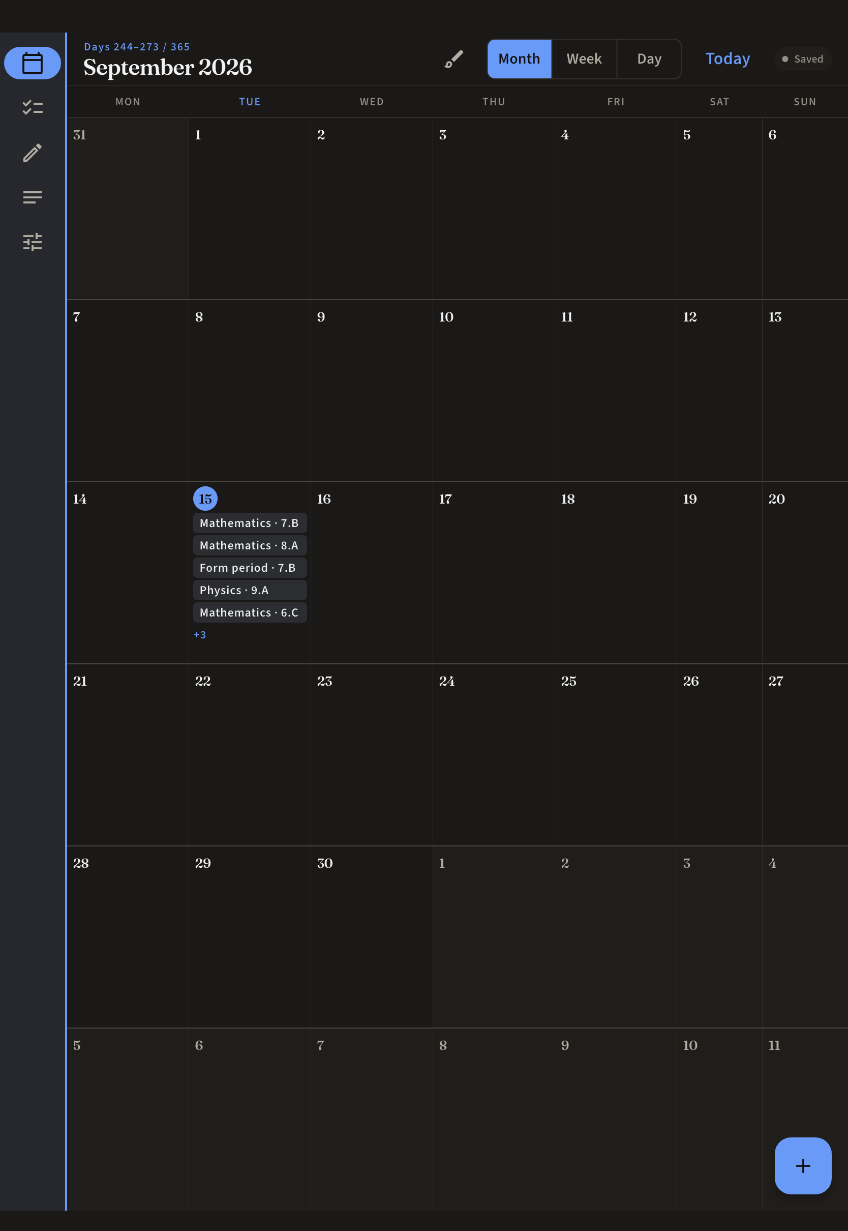 NorthStar month view: September 2026 on a Monday to Sunday grid with a Month, Week and Day switch above it. Tuesday the 15th lists five lessons, Mathematics, Form period and Physics, and a plus three more marker.